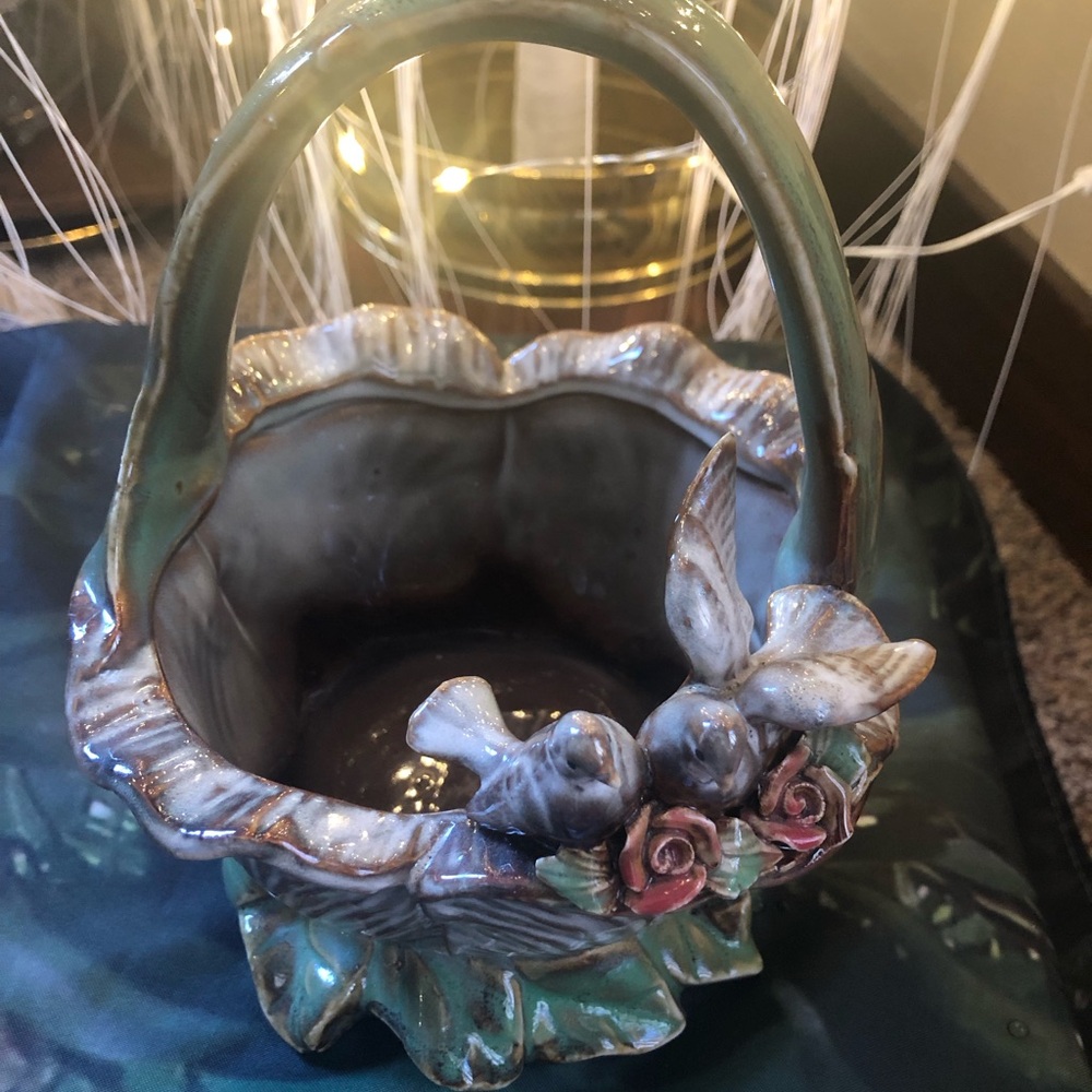 Majolica Pottery Ceramic Basket with Birds